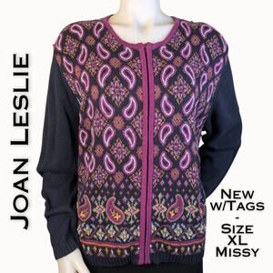 NEW VTG Joan Leslie Cardigan Sweater XL Berry Blue Paisley Embroidered Boho